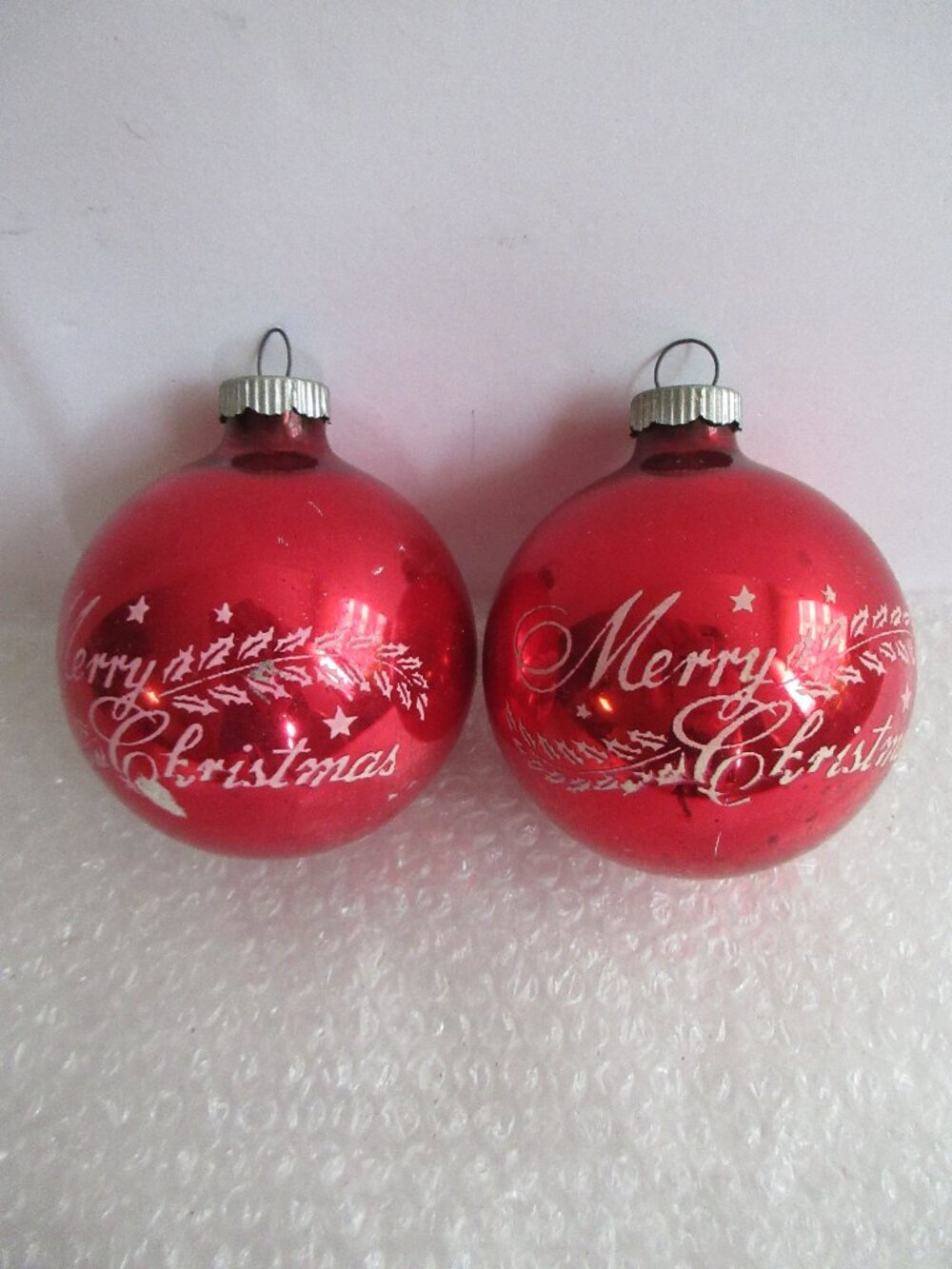 Shiny Brite "MERRY CHRISTMAS with HOLLY" Stencil Ornament Lot of 2 Red Vintage
